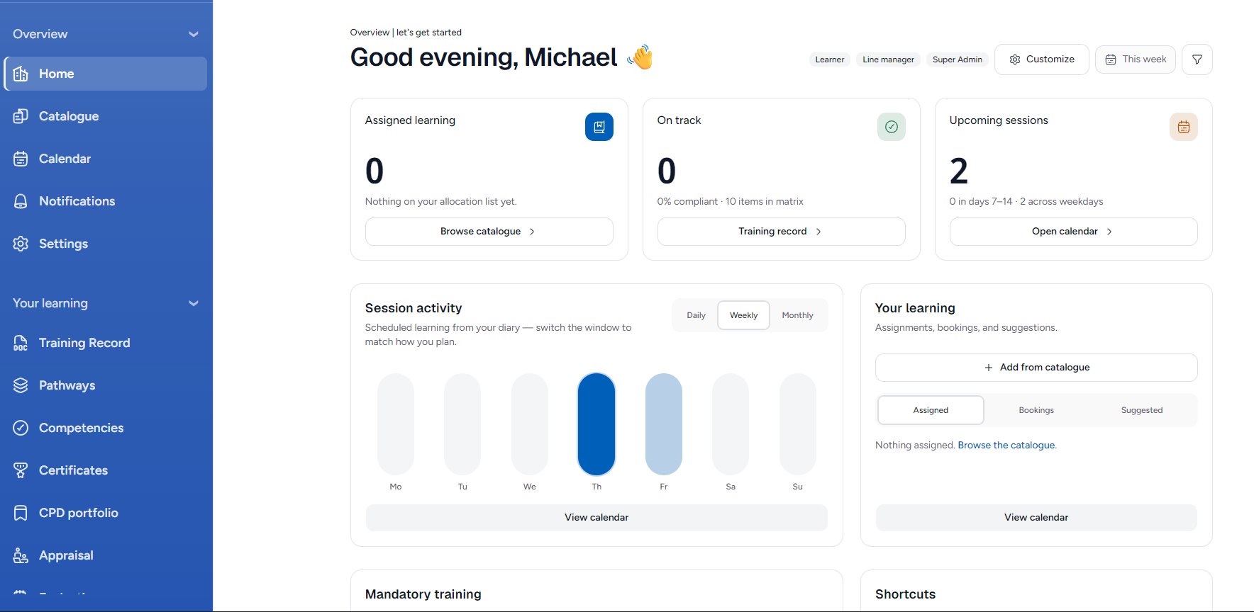E3 LMS learner home dashboard with assigned learning, on-track status and upcoming sessions